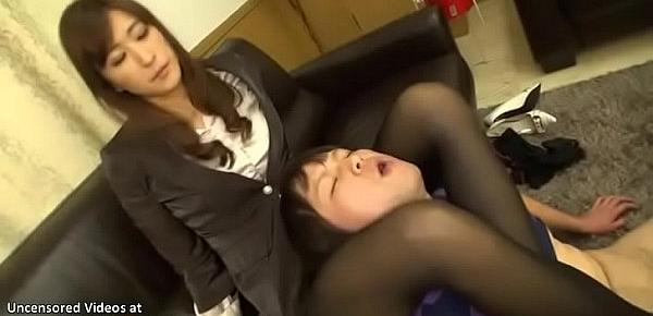  Japanese Milf gives dream footjob in pantyhose